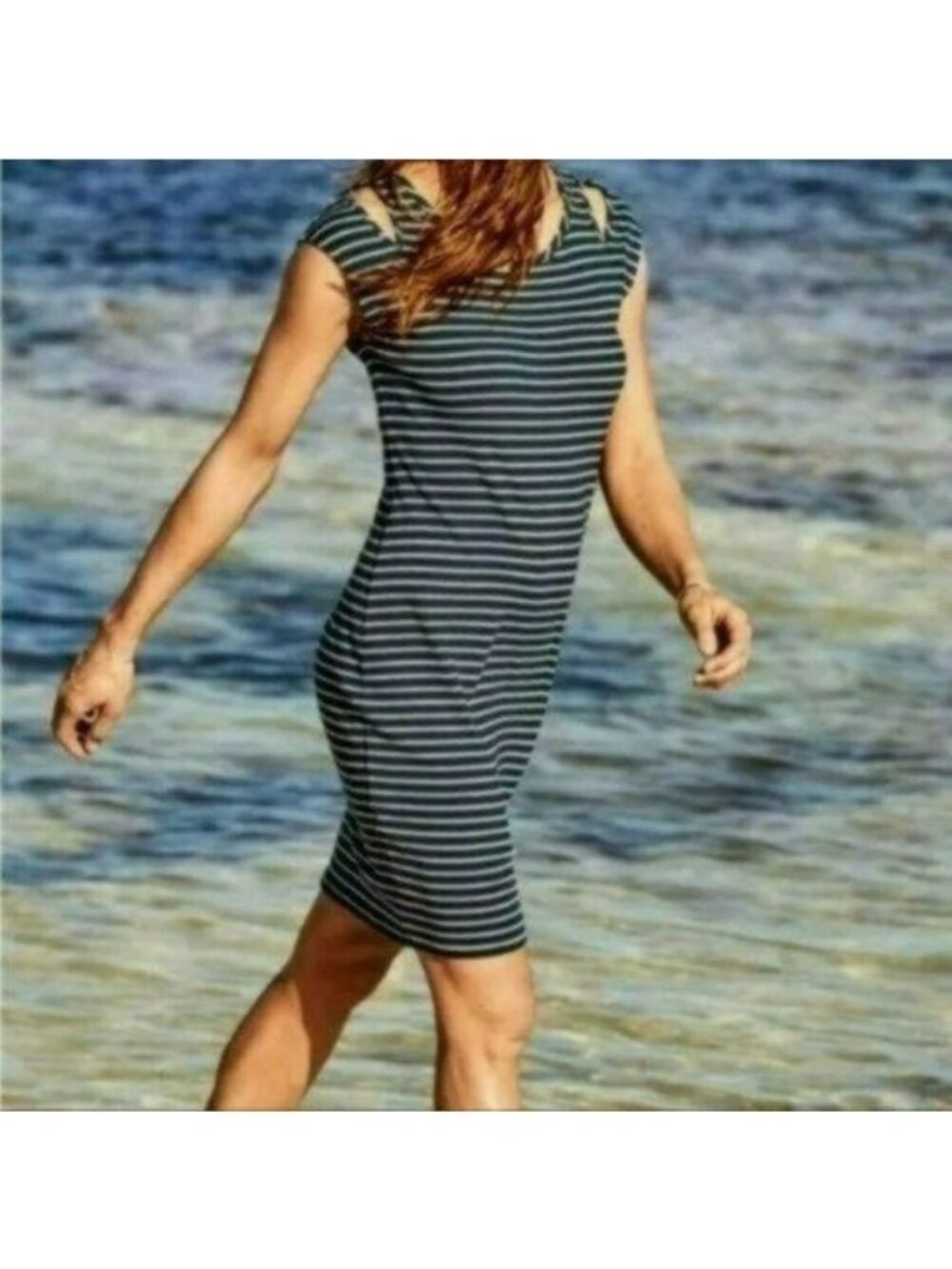 Athleta Women's Small Navy Gray Striped Knit Jersey Cold Shoulder Dress